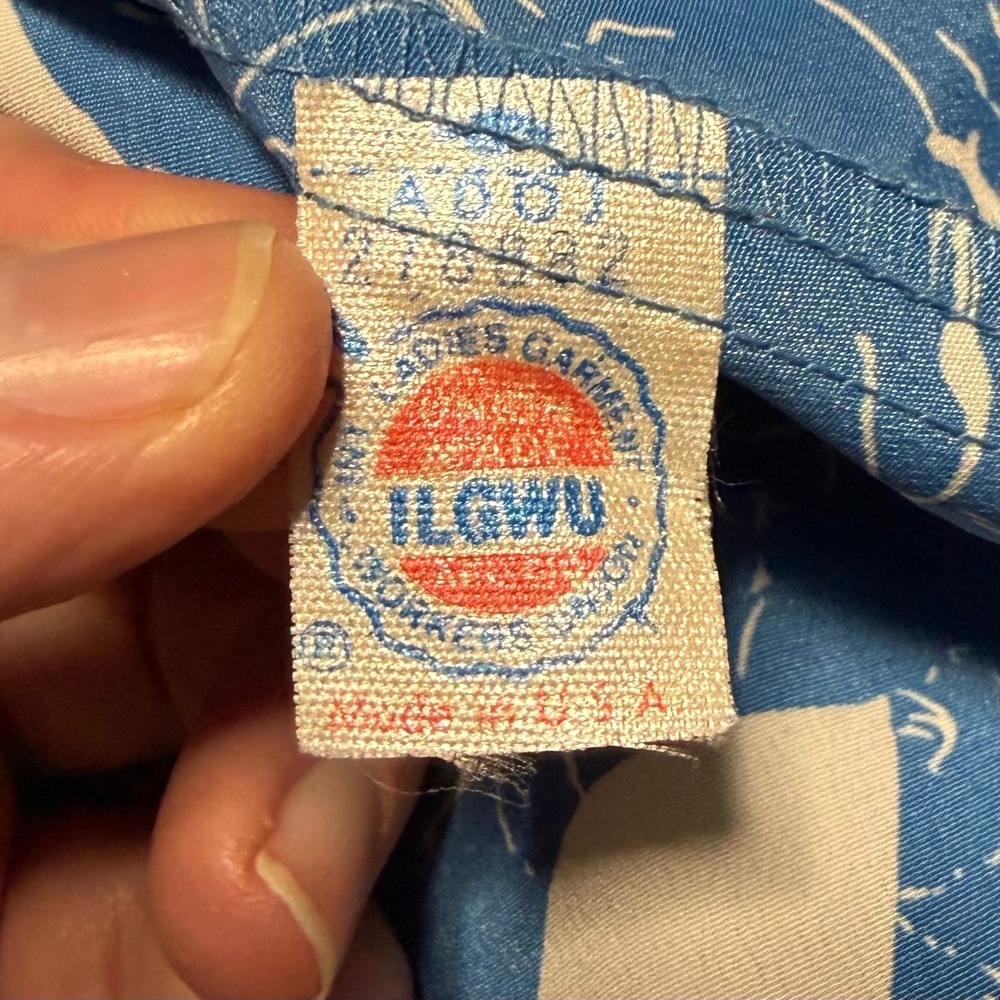 Vintage ILGWU USA Blue White Leaf Print Smocked Prairie Secretary Dress 7/8 - Picture 2 of 11